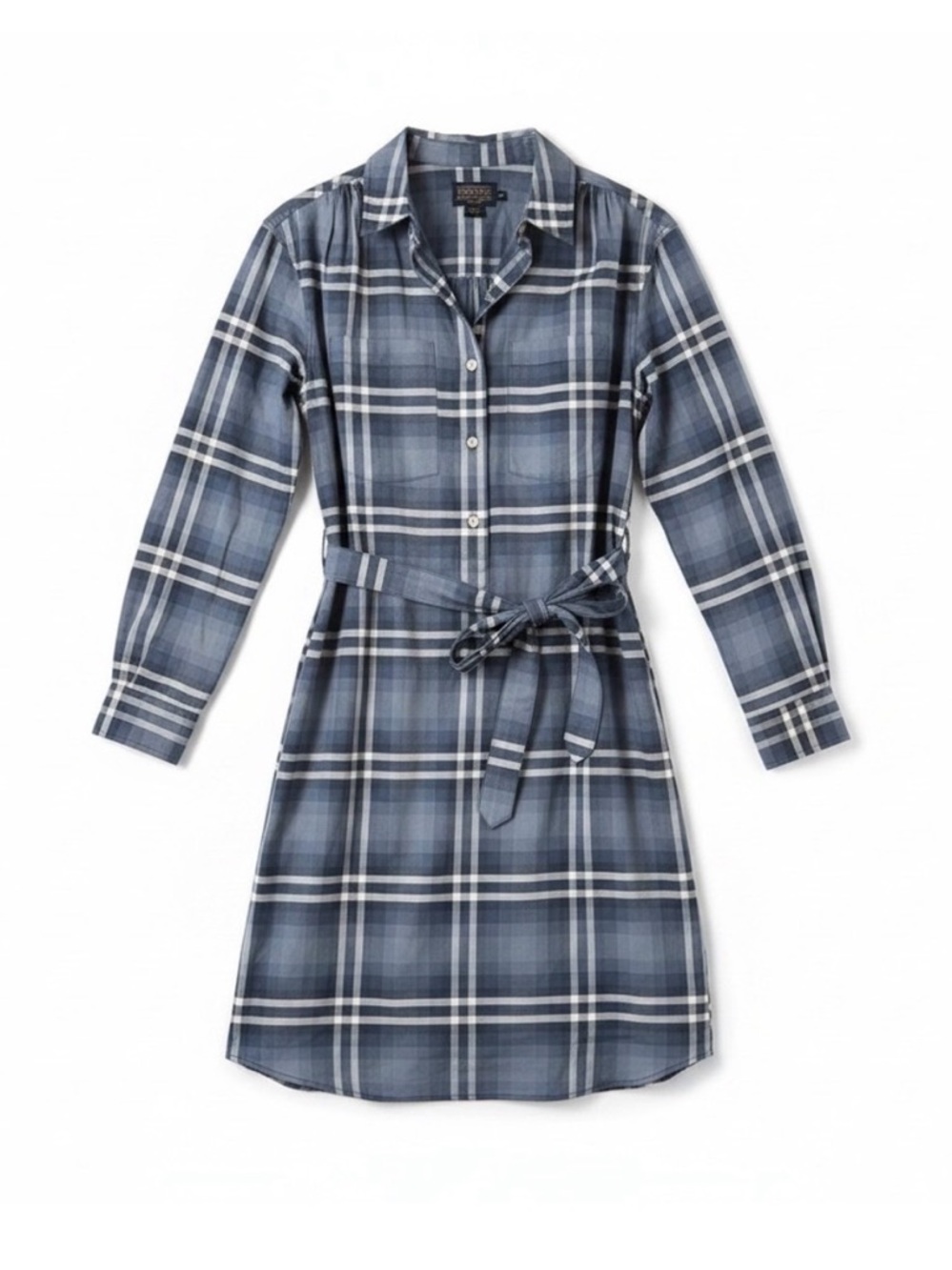 Pendleton XLP 100% Cotton Button-Front Blue Plaid Shirt Dress with Tie Waist